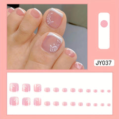 24pcs Elegant White French Rose Square Press On Toenails - Nude Pink False Toes with Glue - Full Cover for Women & Girls