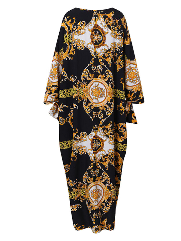 Women Pleats Floral Elegant Special Printing Pattern Long Sleeve Floor Length Plus Size Midi Dresses