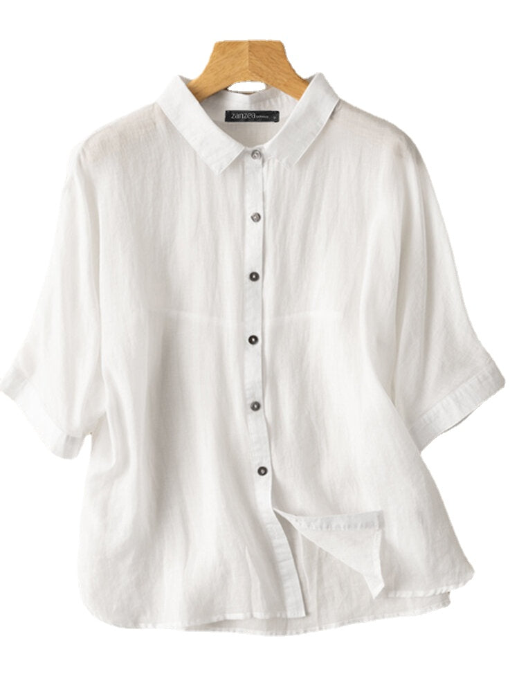 Cotton Solid Button Short Sleeve Lapel Casual Shirt