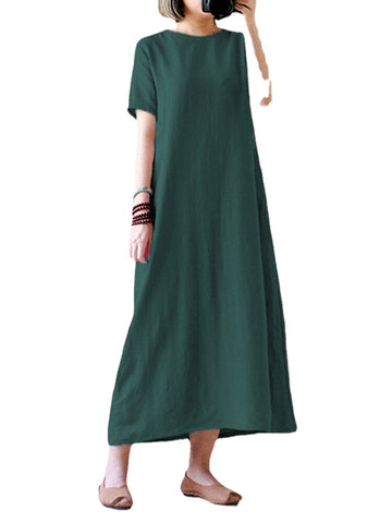 Celmia Women Vintage Short Sleeve Cotton Loose Maxi Dress