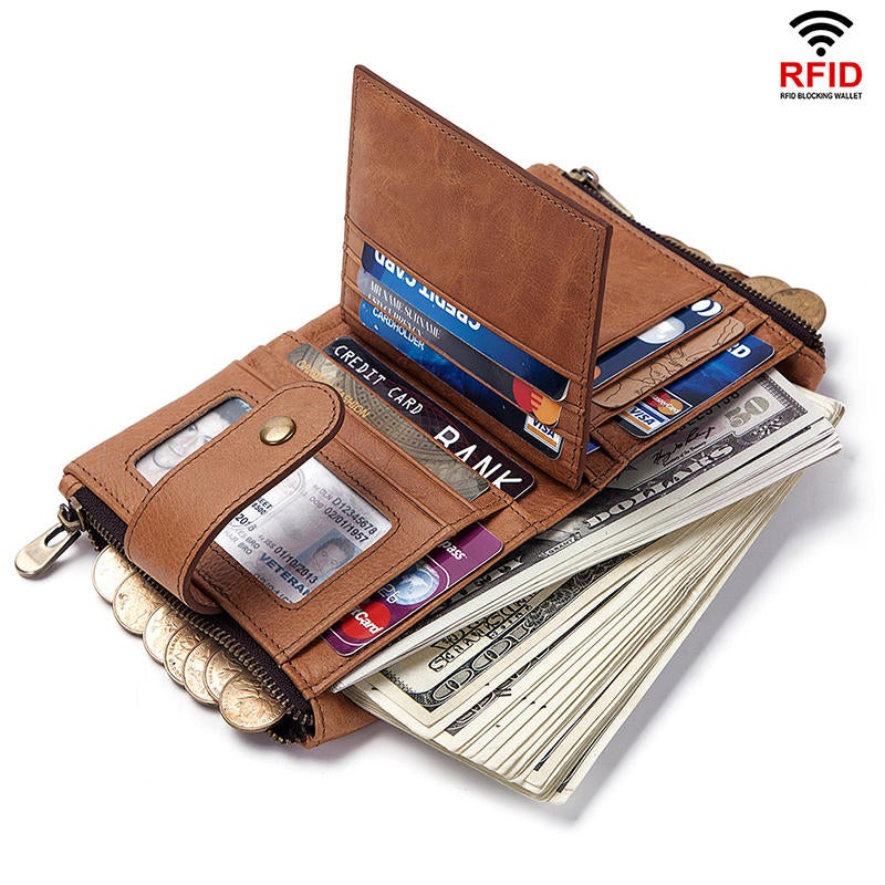 Men RFID Genuine Leather Coin Bag Detachable Card Holder Wallet