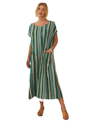 Striped Print O-neck Button Short Sleeve Pocket Maxi Dress For Women