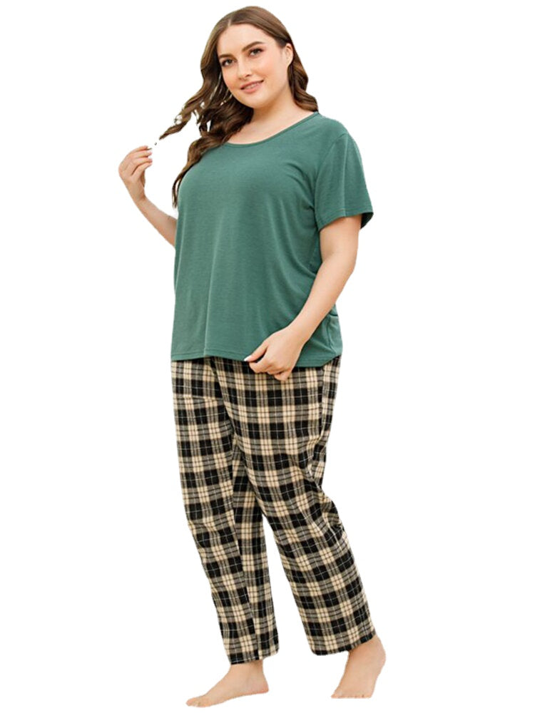 Plus Size Women Solid Color Short Sleeve Top Plaid Print Two Piece Home Pajama Set