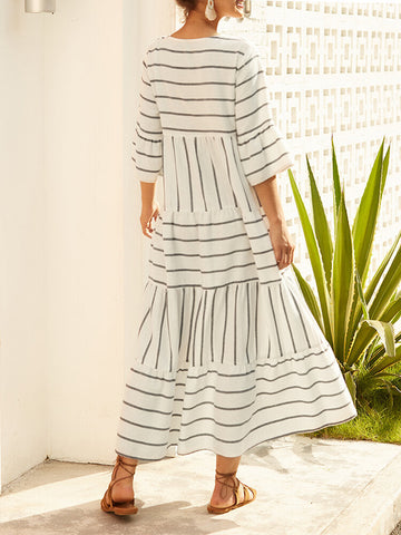 Bohemian Patchwork Stripe Half Sleeve Summer Maxi Dress