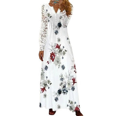 Women's Floral Lace Pleated Dresses Eyelet Long Dress Maxi Dress A Line Dress Print Dress Fashion Casual Outdoor Daily Button Long Sleeve V Neck Regular Fit White Pink Red Spring Summer Maxi Print Dresses