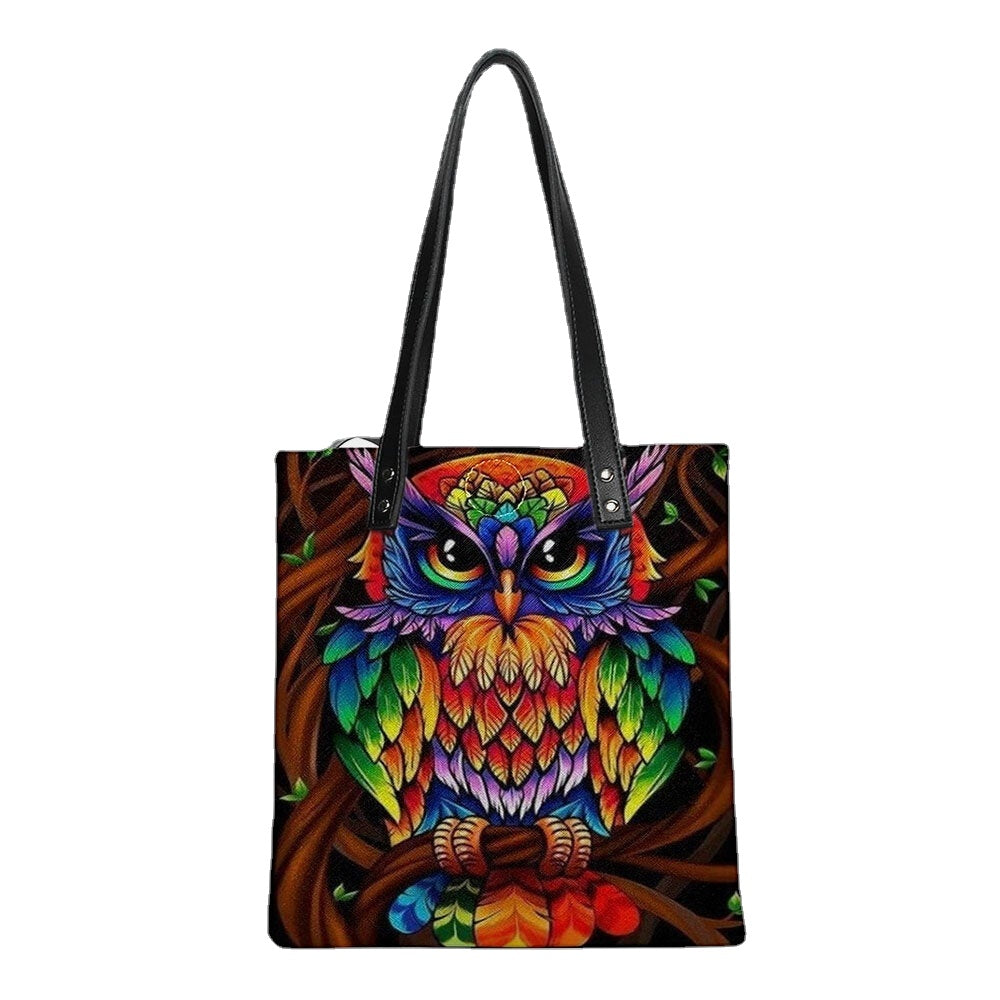 Color Owl Print Pattern Leather Tote Sticker Shoulder Handbag Tote With Built-in Small Bag