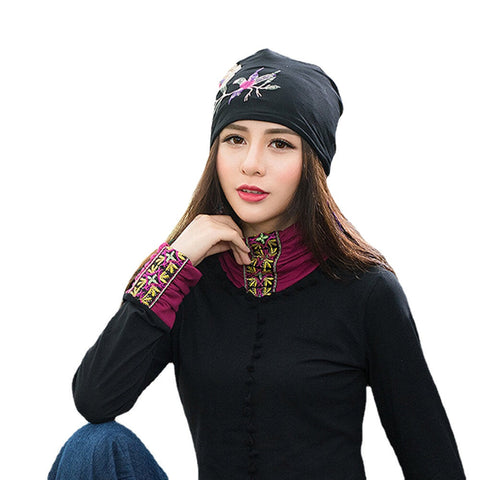 Women Cotton Embroidery Flower Printing Ethnic Style Beanie Hat Breathable Turban Cap