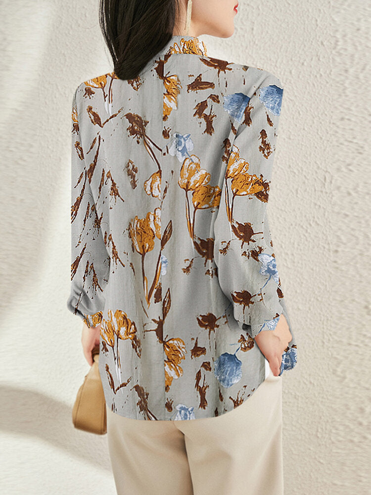 Floral Print Long Sleeve V-neck Ruffled Blouse For Women