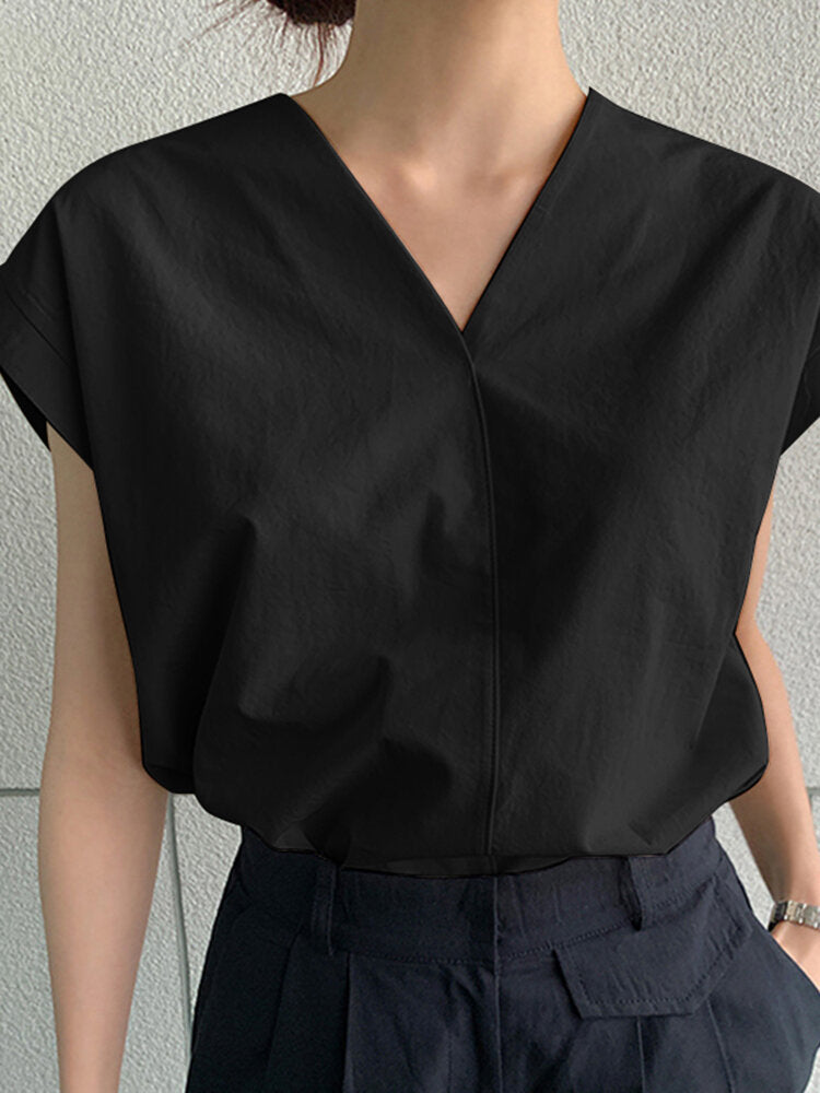 Solid V Neck Short Sleeve Casual Blouse