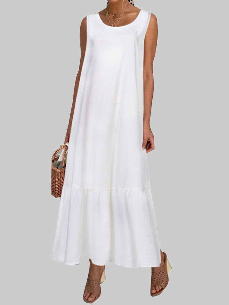 Solid Color Sleeveless O-neck Loose Casual Maxi Dress