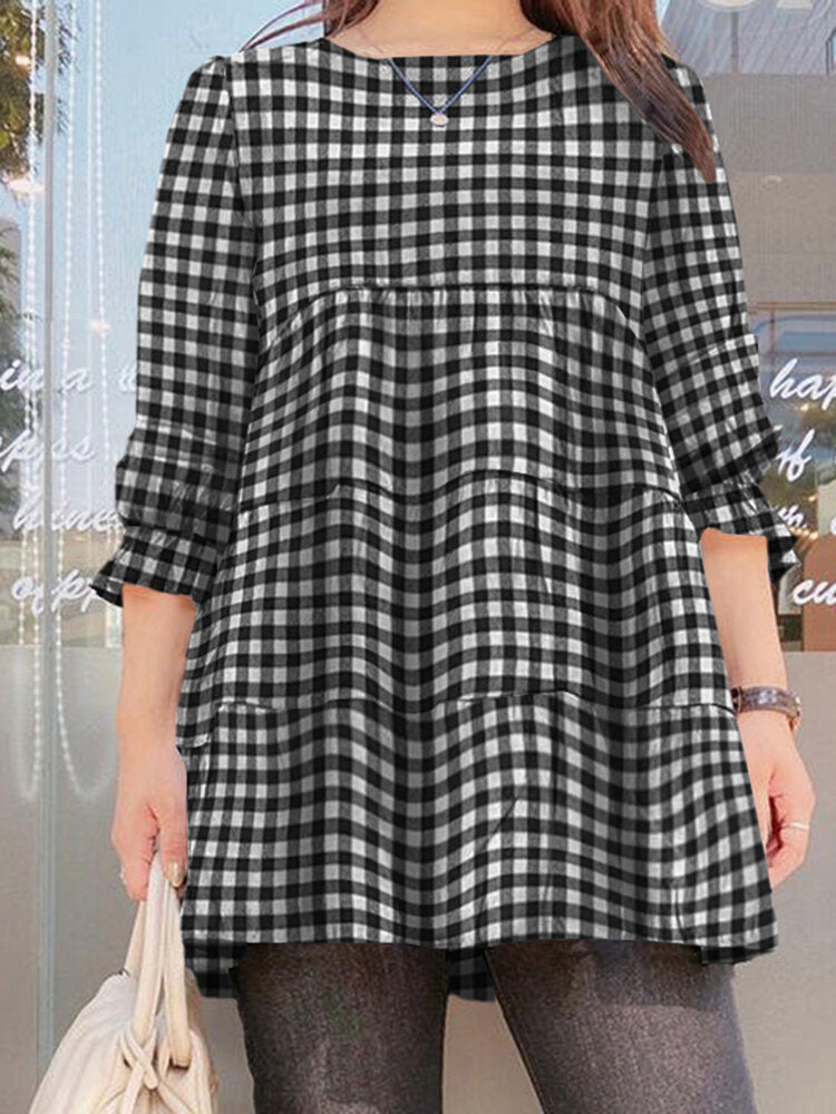 Women Puff Sleeve O-Neck Spliced Plaid Casual Loose Blouse