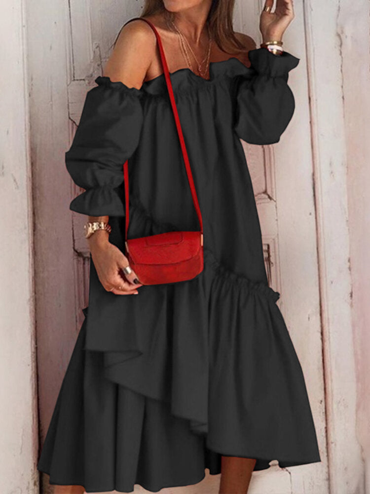 Off Shoulder Pleating Ruffles Solid Color Holiday Casual Layered Dress For Women