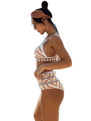 Bohemian Style High Rise Geometric Knitting Hollow Tassel Bikini