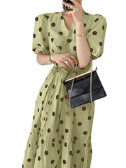 Polka Dot Print Half Sleeve V-neck Puff Drawstring Dress