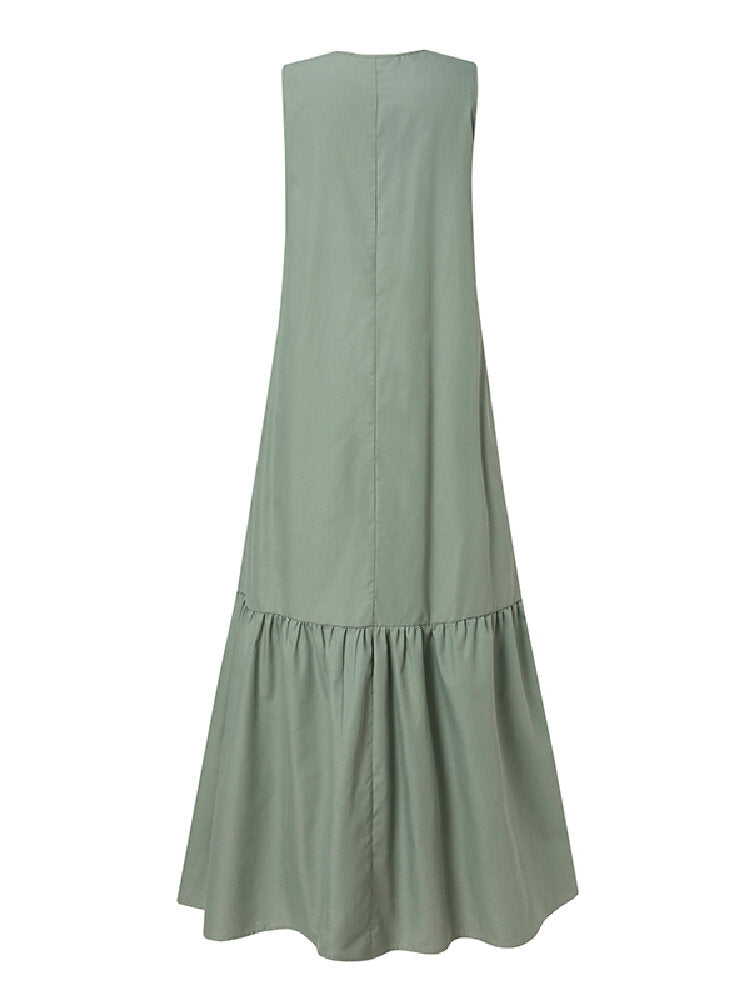 Solid Color V-neck Sleeveless Ruffles Hem Pleated Maxi Dress With Pocket