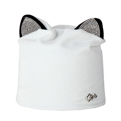 Women Velour Rhinestone Deco Cat Ear Windproof Beanie Cap Animal Hat