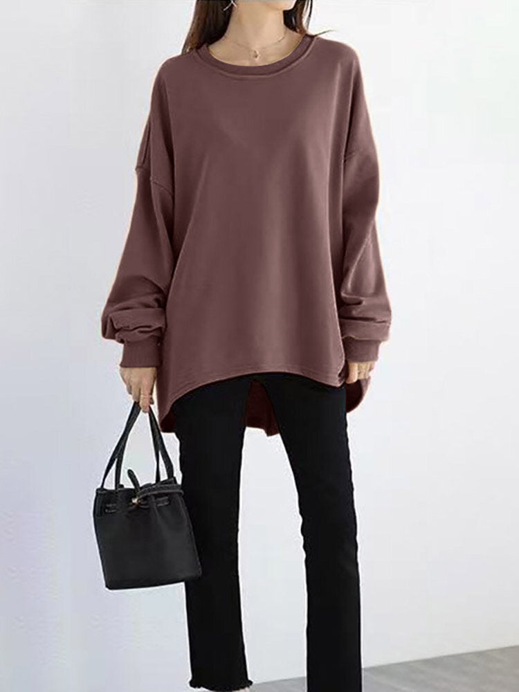 Women Loose Thick Back Fork High Low Solid Casual Pullover Sweatshirt