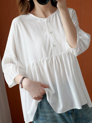 Solid Loose Button Ruched 3/4 Sleeve Round Neck Blouse