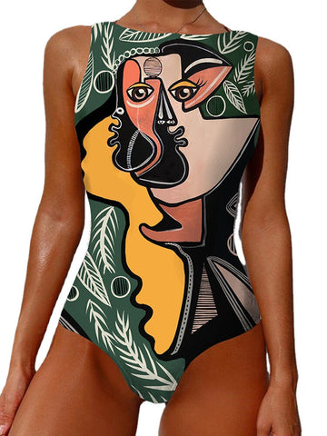 Women Abstract Character Pattern Print Backless Sleeveless One-Piece Swimwear