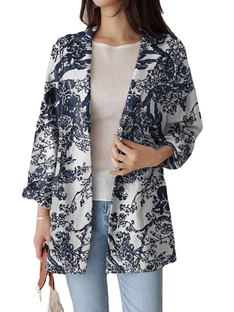 Women Loose Lapel Full Sleeve Floral Casual Side Pockets Coat