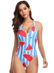 Women Watermelon Print Striped V-Neck Backless One Piece Hot Swimwear