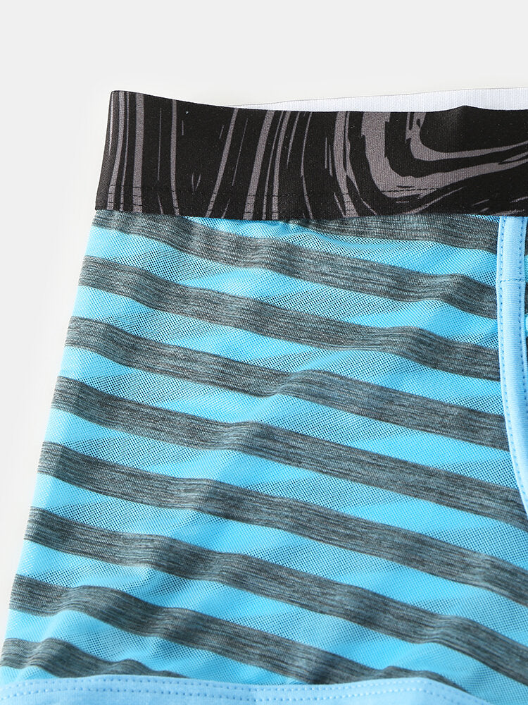 Mens Striped Ice Silk Translucent Breathable Thin Elastic Mid Waist Boxers