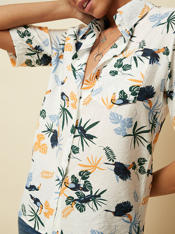 Hawaii Vacation Style Leaf Print Women Short Sleeve Casual Shirts