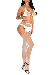 Women Triangle Halter String Backless Mesh High Waist See Through Lingerie Sets