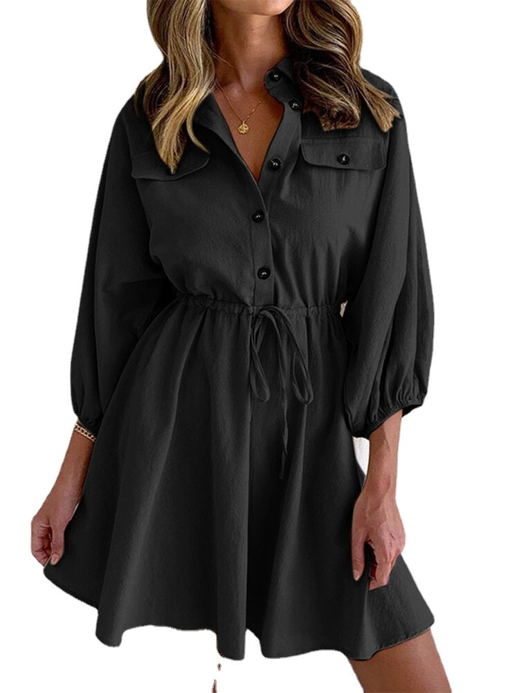 Solid Drawstring Button Lapel 3/4 Sleeve Shirt Dress