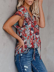 Women Colorful Floral Print V-Neck Ruffles Short Sleeve Casual Blouses