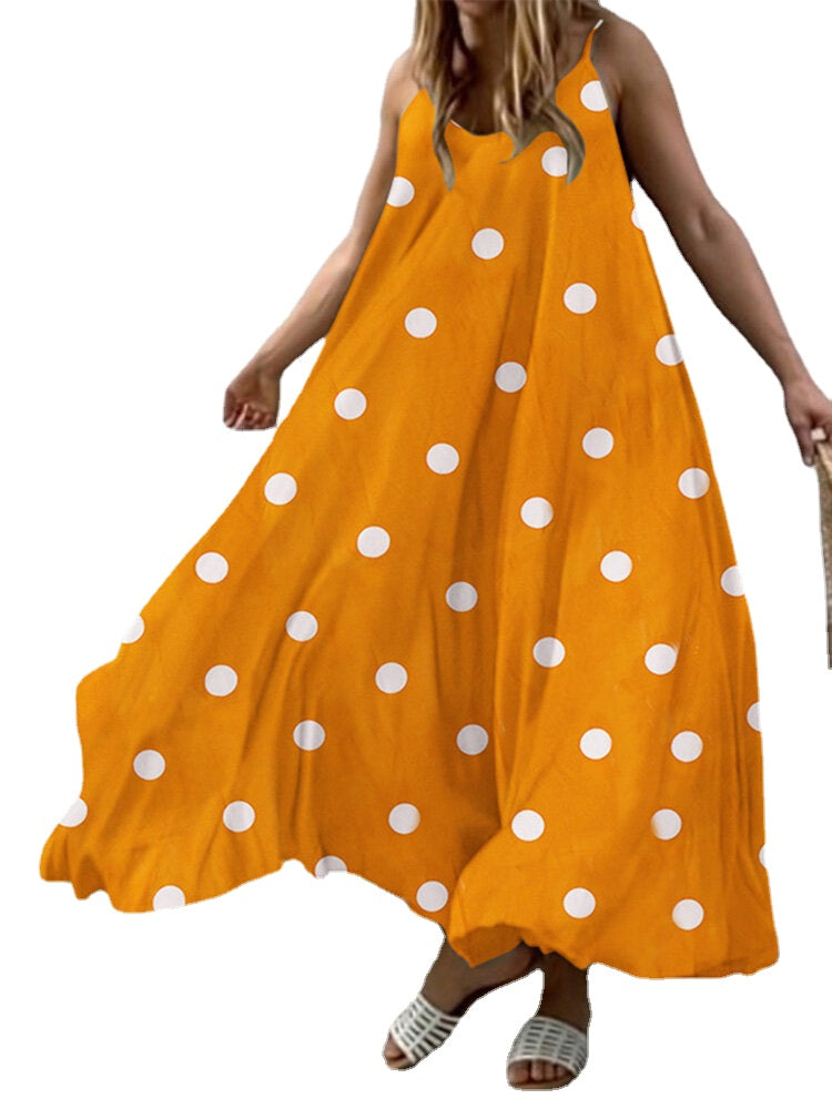 Polka Dot Adjustable Strap Sleeveless Backless Maxi Dress