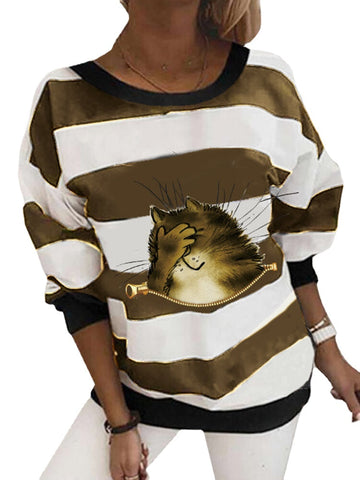 Women Cartoon Cat Horizontal Stripe Print Casual Long Sleeve Sweatshirts