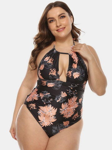Plus Size Women Floral Print Halter Drawstring Backless One Pieces Swimwear