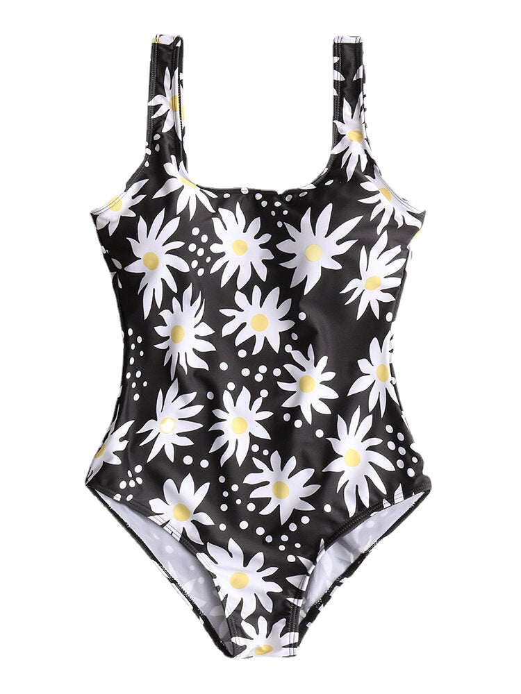 Women Daisy Floral Print Backless One Piece Black Swimwear