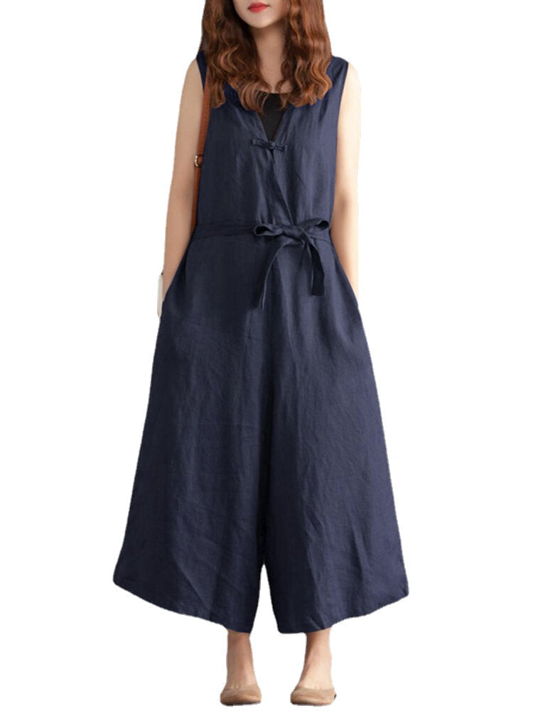 Women Wide Leg Cotton Solid Color V-Neck Sleeveless Jumpsuit with Pockets