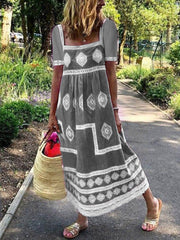 Women Ethnic Print Square Collar Short Sleeve Bohemian Maxi Dress