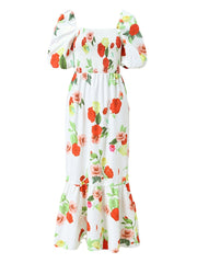 Women Holiday Square Neck Puff Sleeve Slim Fit Fishtail Swing Floral Print Maxi Dress