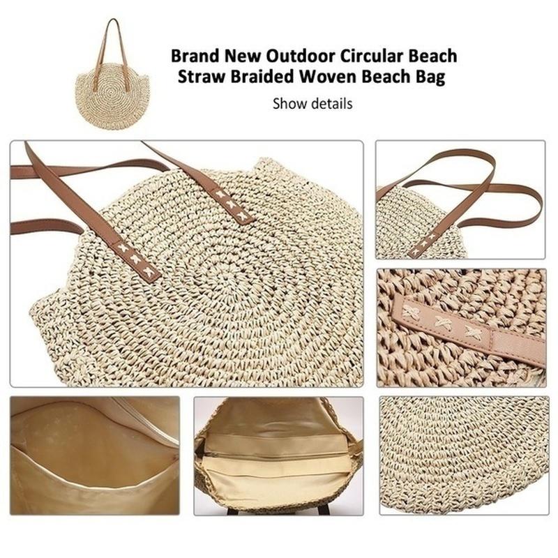 Women Leisure Round Straw Bag Woven Beach Bag Shoulder Bag