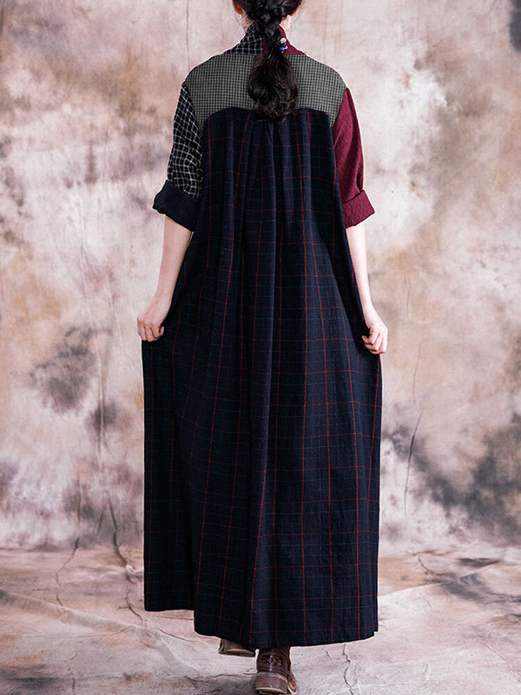 Women Long Sleeve V-neck Loose Plaid Patchwork Maxi Dress