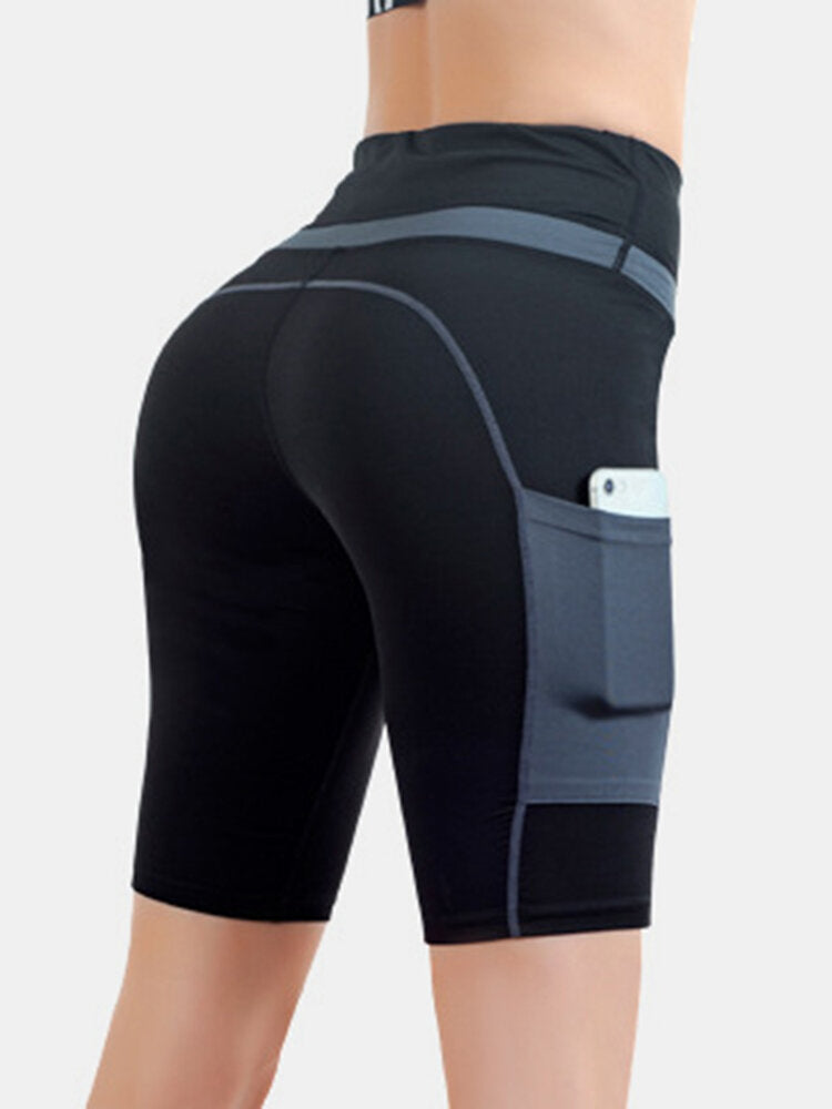 Women Contrasting Colors Pocket Fitness Workout Biker Shorts