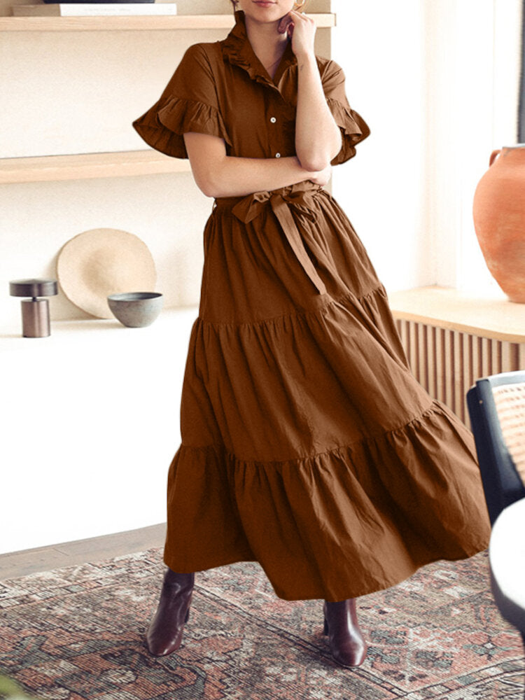 Casual Solid Color Lapel Collar Button Belted Pleated Ruffles Maxi Dress