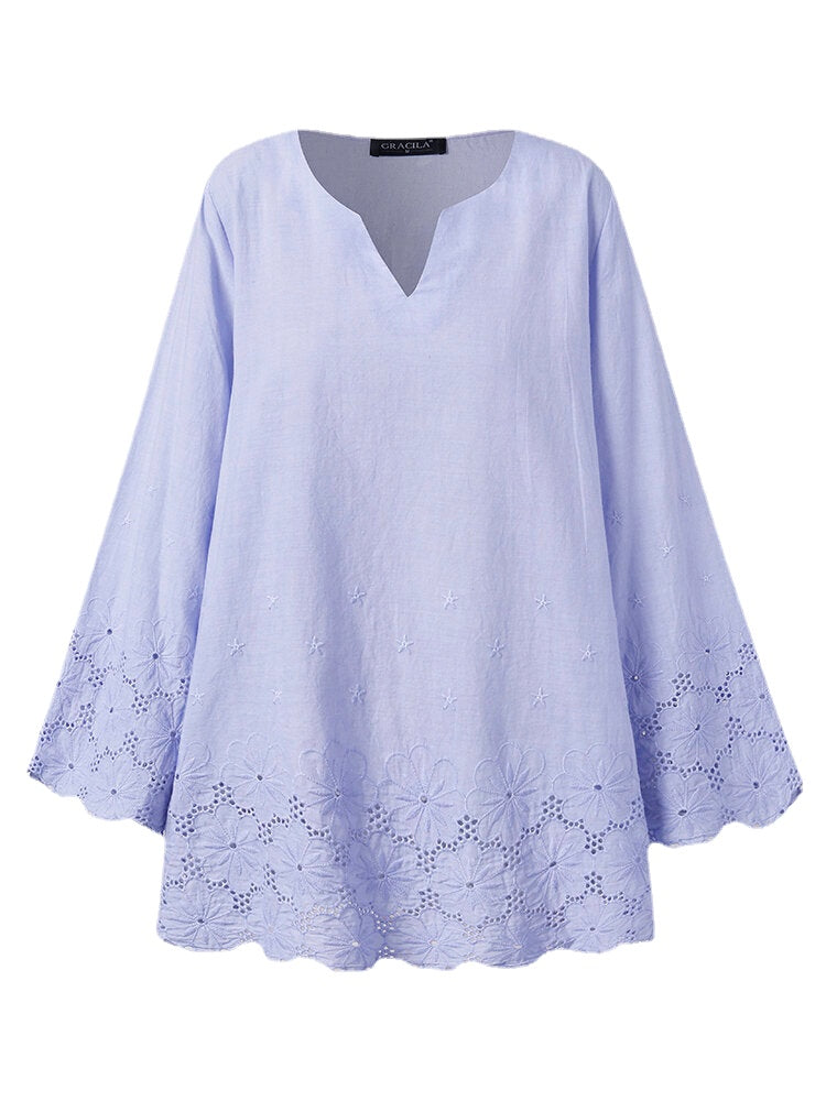 Women Notched Neckline Floral Hollow Out Long Sleeve Casual Blouse