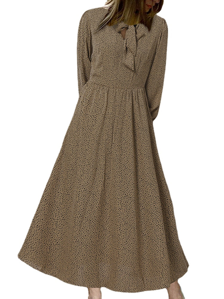 Women Vintage Polka Dot Print Knotted Big Swing Casual Long Sleeve Dress