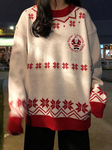 Women Christmas Father Snowflake Pattern Knitted Loose Drop Sleeve Sweaters