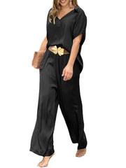 Solid Lapel Wide Leg Pocket Short Sleeve Suit