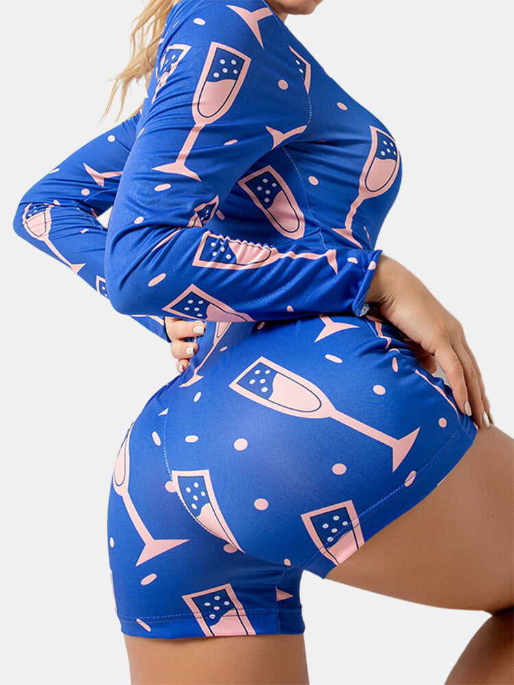 Abstract Print V-Neck Long Sleeve V-Neck Blue Pajamas Shorts Jumpsuits For Women