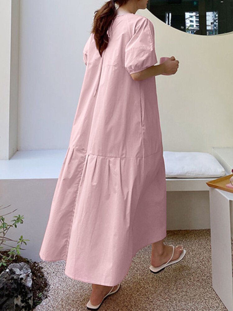 Solid Color O-neck Puff Sleeve Plain Casual Side Pocket Holiday Maxi Dress