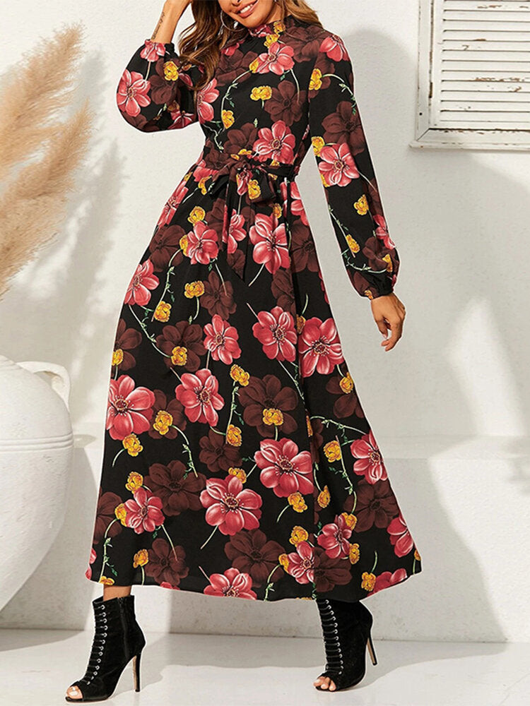Cottagecore Flower Print Sash Lettuce-Edge Long Sleeve Maxi Dress