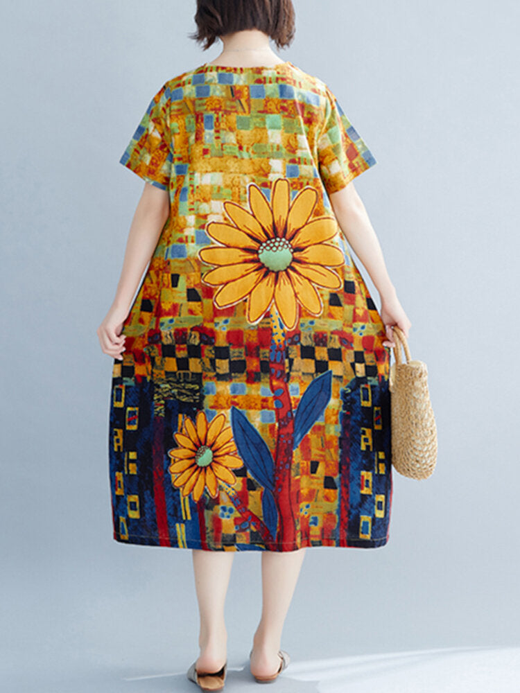 Contrast Color Floral Print O-neck Short Sleeve Pocket Midi Dress