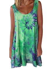 Women Tie-dye Print Crew Neck Summer Sleeveless Loose Dress